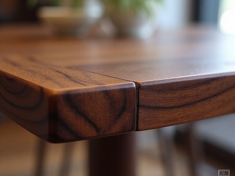Close-up of a live edge walnut dining table with intricate butterfly joinery