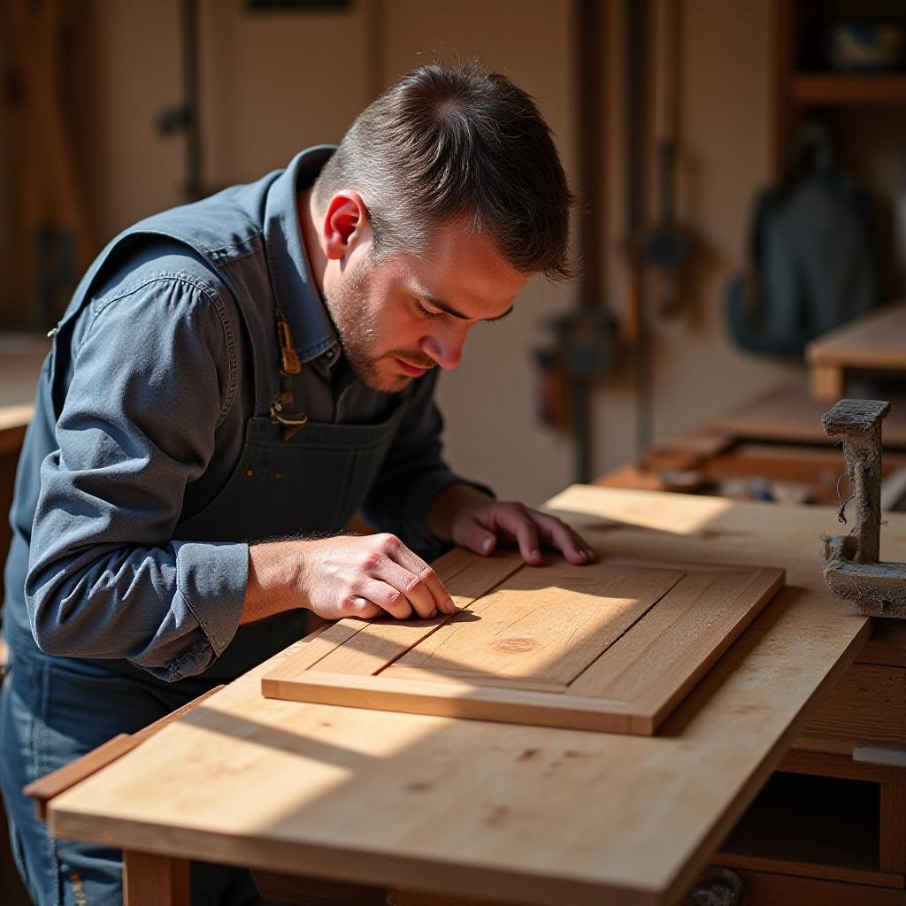 Artisan woodworker inspecting a custom cabinetry piece